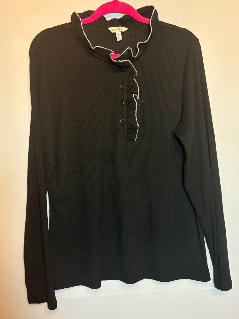 Crown & Ivy Bedazzled Ribbed Long Sleeve Blouse